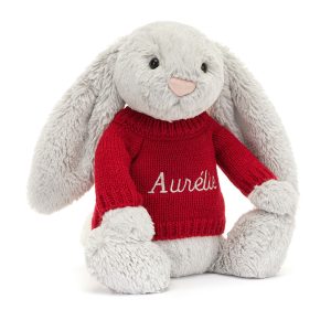 Bashful Silver Bunny with Personalised Red Jumper